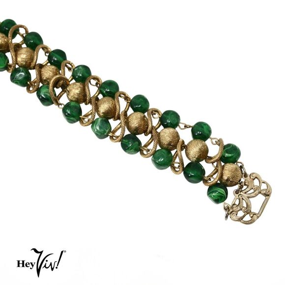 Vintage Bracelet Green Gold Beads w Clip On Earrings Ornate Design - Hey Viv - Picture 6 of 7